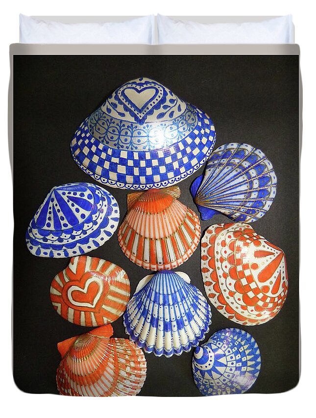 Shell Duvet Cover featuring the photograph Orange and Blue Sharpie Shells by Jean Wright