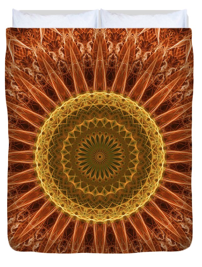 Mandala Duvet Cover featuring the digital art Orange and golden mandala by Jaroslaw Blaminsky