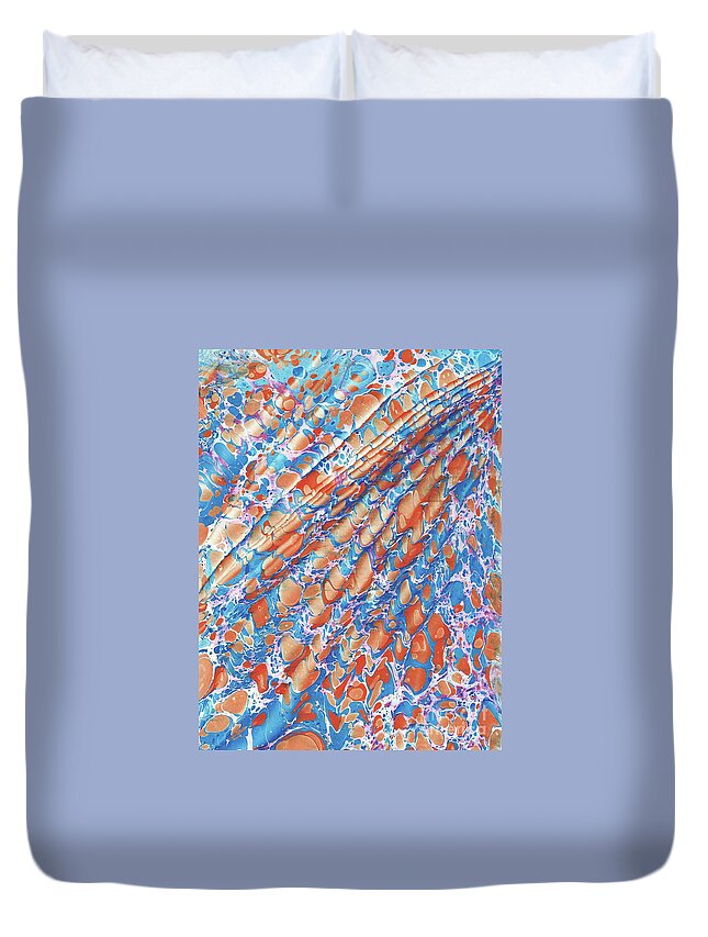 Water Marbling Duvet Cover featuring the painting Orange-Blue Battal by Daniela Easter