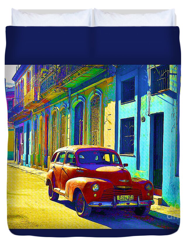 Havana Duvet Cover featuring the painting Orange Classic Car - Havana Cuba by Chris Andruskiewicz