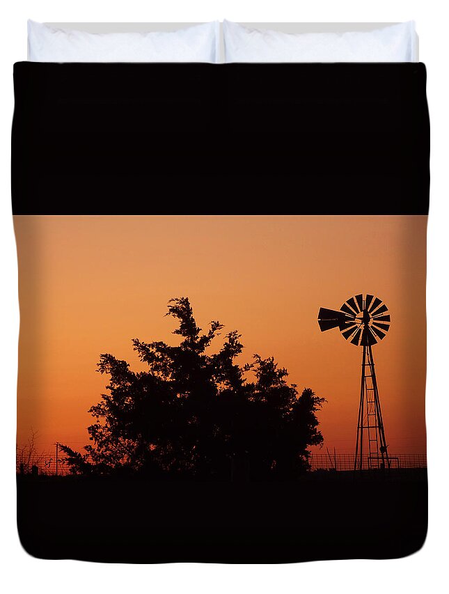 Landscape Duvet Cover featuring the photograph Orange Dawn with Windmill by Shelli Fitzpatrick