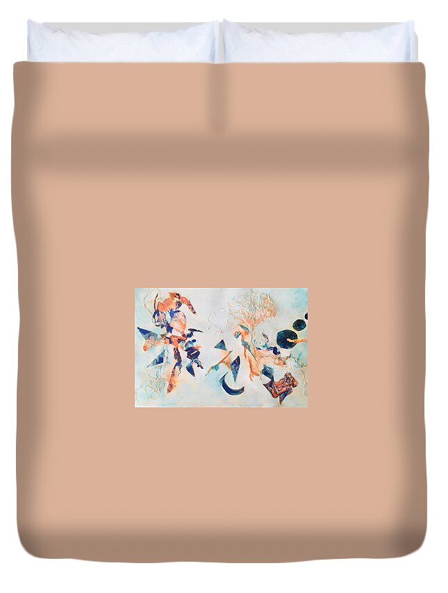 Abstract Duvet Cover featuring the painting Orange on Blue by Myra Evans