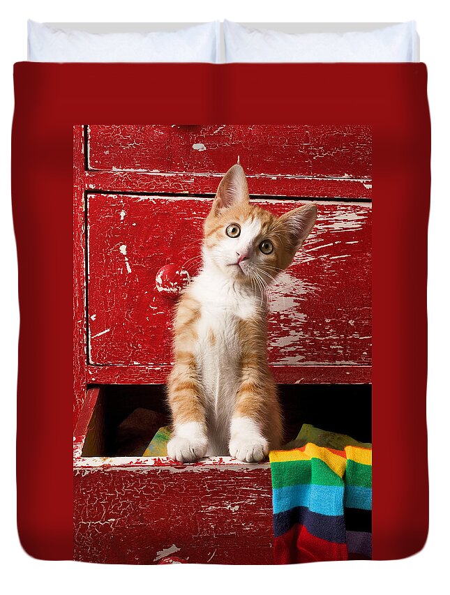Kitten Duvet Cover featuring the photograph Orange tabby kitten in red drawer by Garry Gay