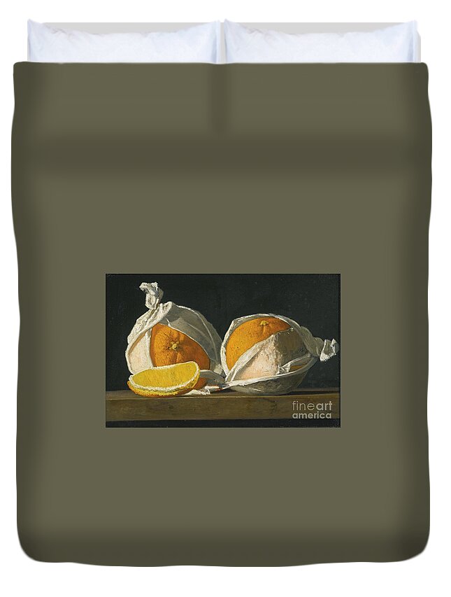 John Frederick Peto 1854 - 1907 Oranges Wrapped. Oranges Duvet Cover featuring the painting Oranges Wrapped by MotionAge Designs
