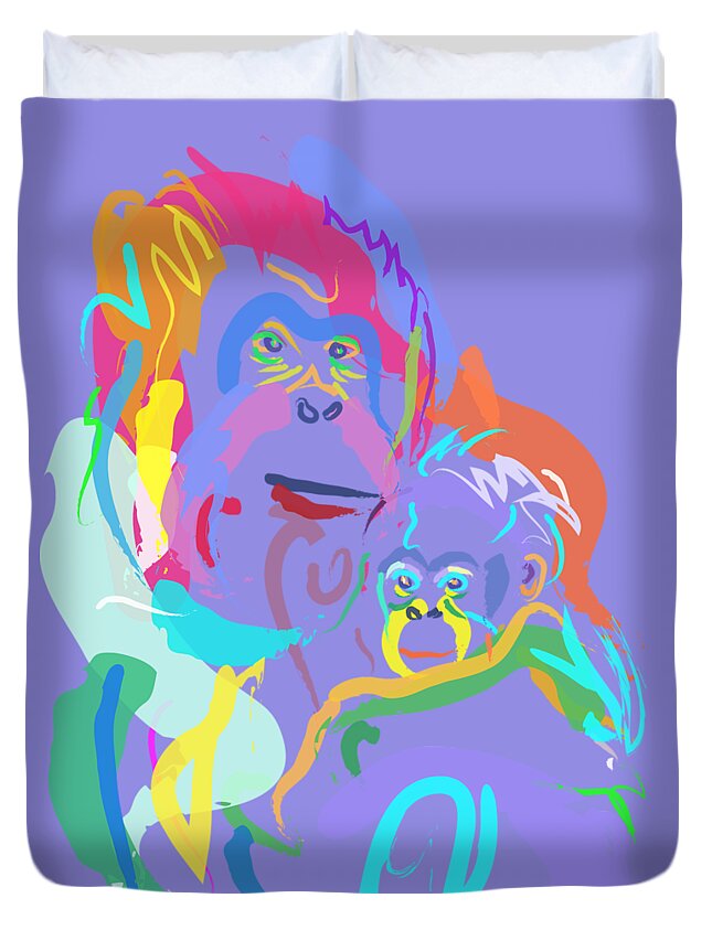 Orangutan Art Duvet Cover featuring the painting Orangutan mom and baby by Go Van Kampen