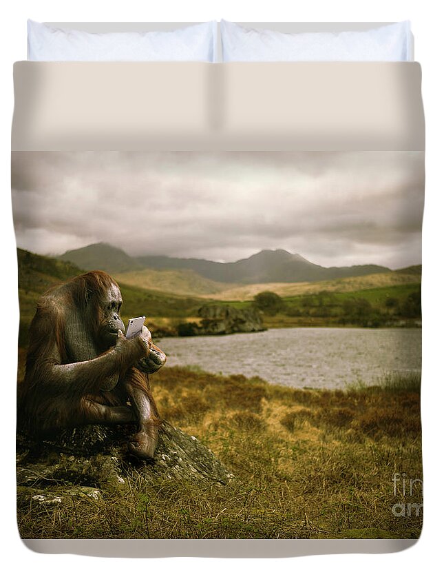 Orangutan Duvet Cover featuring the photograph Orangutan With Smart Phone by Amanda Elwell