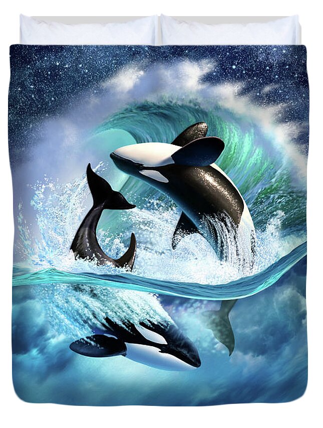 Orca Duvet Cover featuring the digital art Orca Wave by Jerry LoFaro