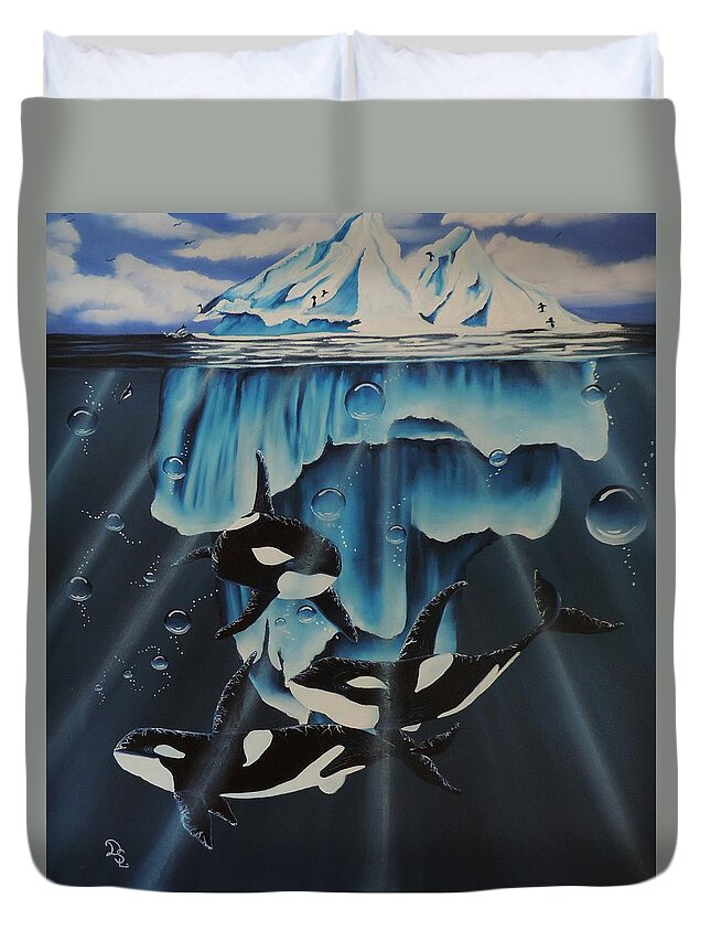 Antarctica Duvet Cover featuring the painting Orcas versus Glacier by Dianna Lewis