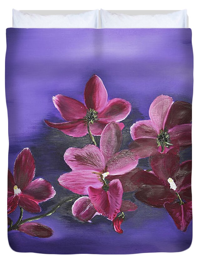 Stephen Daddona Duvet Cover featuring the painting Orchid Blossoms on a Stem by Stephen Daddona
