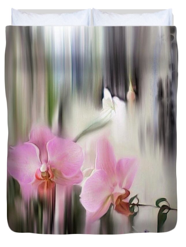 Orchids Duvet Cover featuring the digital art Orchids with dragonflies by Sand And Chi