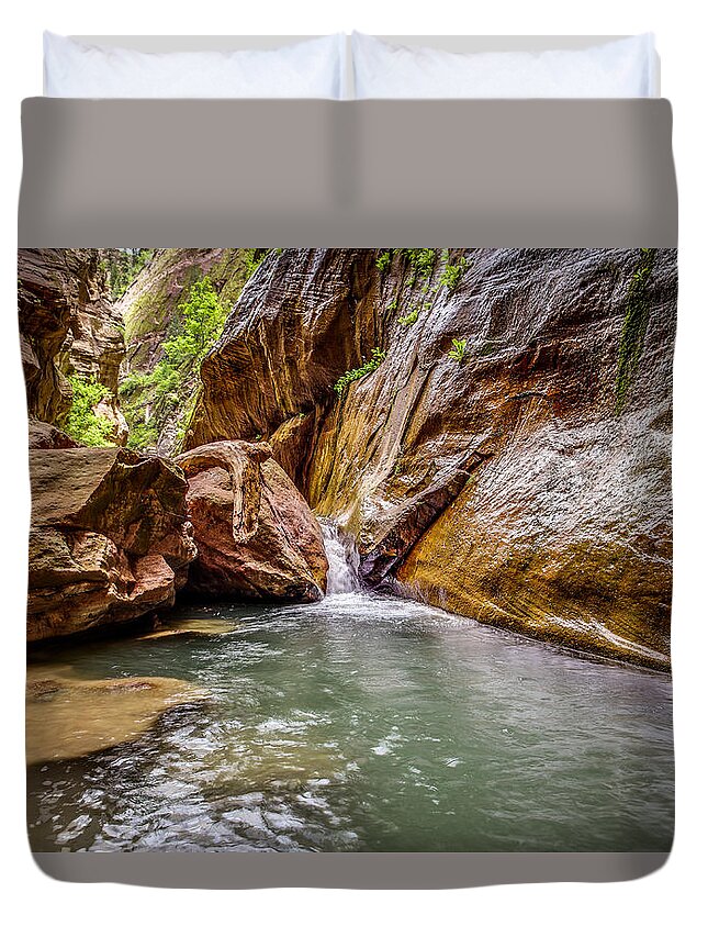 Adventure Duvet Cover featuring the photograph Orderville Canyon Waterfall Zion National Park by Scott McGuire