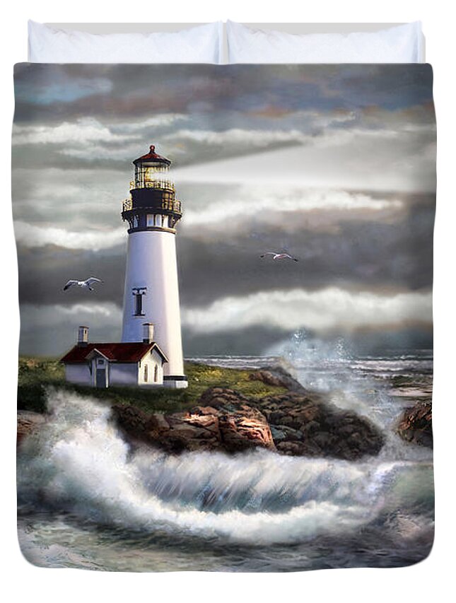 Evening Seascape Duvet Cover featuring the painting Oregon Lighthouse Beam of hope by Regina Femrite