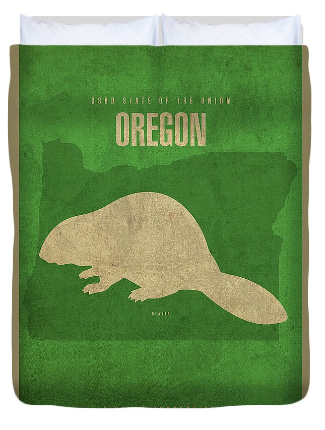 Oregon Duvet Cover featuring the mixed media Oregon State Facts Minimalist Movie Poster Art by Design Turnpike