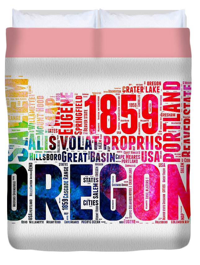 Oregon Duvet Cover featuring the digital art Oregon Watercolor Word Cloud by Naxart Studio