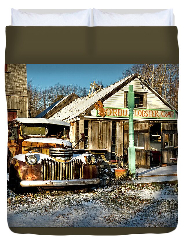 Harbor Living Duvet Cover featuring the photograph O'Reilly's Lobster Co-Op by Brenda Giasson