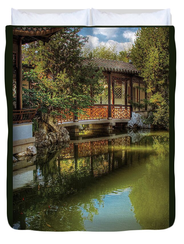 Savad Duvet Cover featuring the photograph Orient - Bridge - The Chinese Garden by Mike Savad