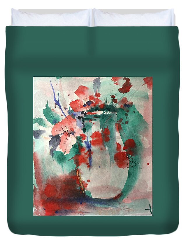 Orientalist Duvet Cover featuring the painting Oriental Brush Flowers and Vase by Robin Miller-Bookhout