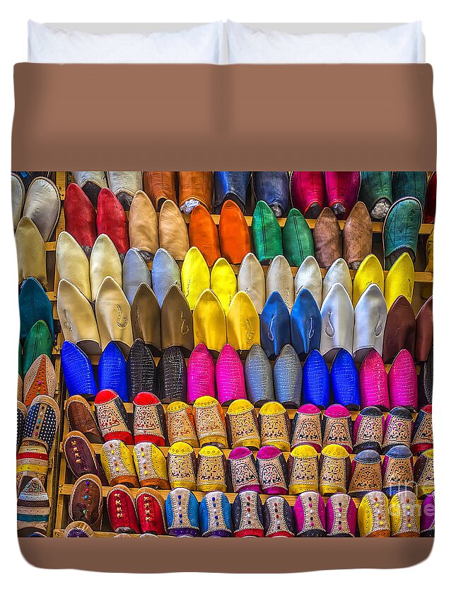 Africa Duvet Cover featuring the photograph Oriental shoes on display by Patricia Hofmeester