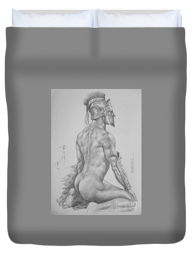 Drawing Duvet Cover featuring the drawing Original Charcoal Drawing Art Male Nude On Paper #16-3-11-26 by Hongtao Huang