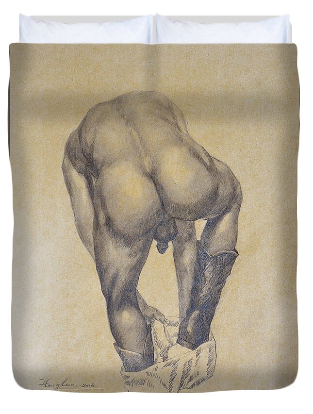 Original Artwork Duvet Cover featuring the painting Original Charcoal Drawing Male Nude Gay Interest Man On Paper #6-30-2 by Hongtao Huang