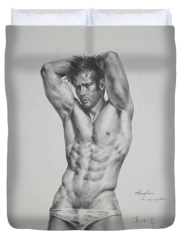 Original Art Duvet Cover featuring the drawing Original Drawing Sketch Charcoal Male Nude Gay Interest Man Body Art Pencil On Paper -0056 by Hongtao Huang