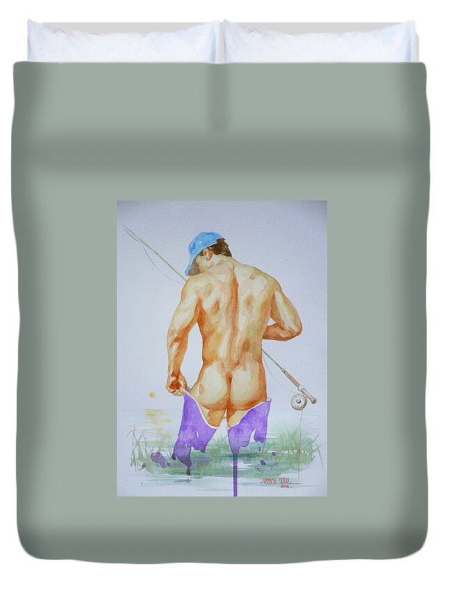 Watercolour Painting Duvet Cover featuring the painting Original Watercolour Painting Art Male Nude#20202089 by Hongtao Huang
