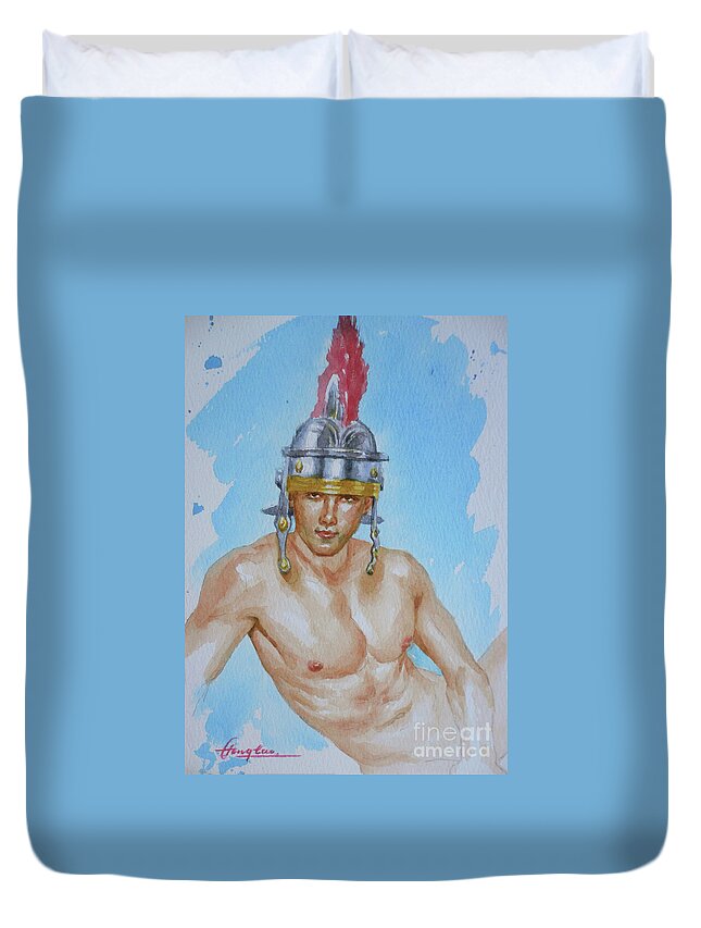 Original Art Duvet Cover featuring the painting Original Watercolour Painting Male Nude On Paper#16-11-18-01 by Hongtao Huang