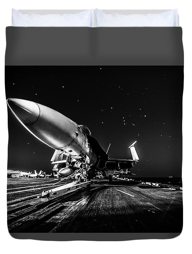 Navy Duvet Cover featuring the photograph Orion's Battle by Larkin's Balcony Photography