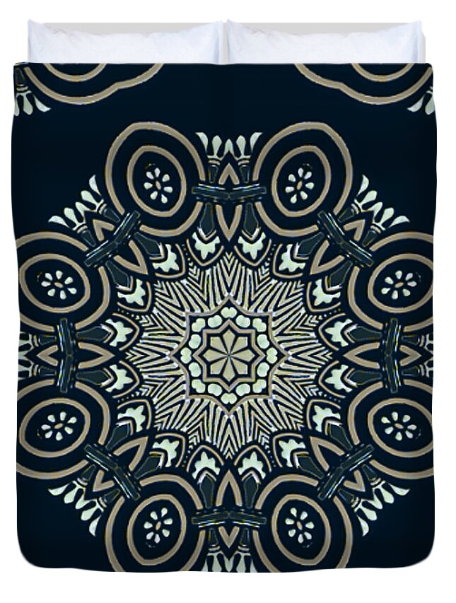 Ornate Exotic Mandala In Black Cream White And Dark Blue Duvet