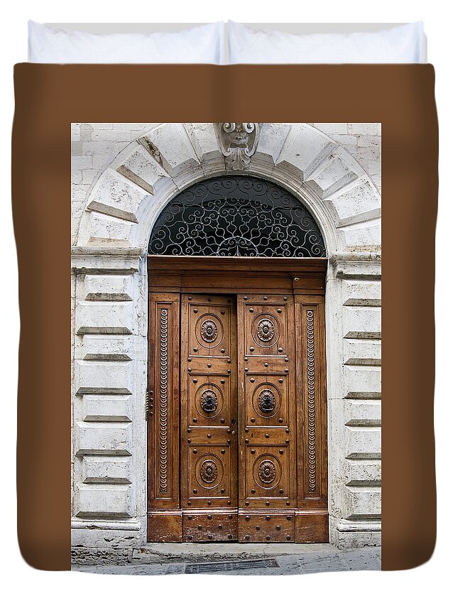 Ornate Wood Double Doors Duvet Cover featuring the photograph Ornate Wood Double Doors by Sally Weigand