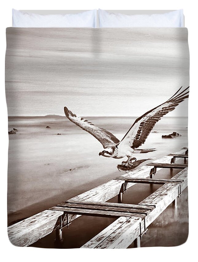 Osprey Duvet Cover featuring the photograph Osprey on the Move BW by Laura D Young