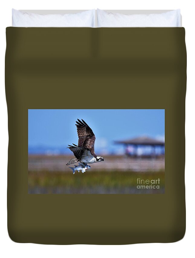 Osprey Duvet Cover featuring the photograph Osprey With Dinner by Julie Adair