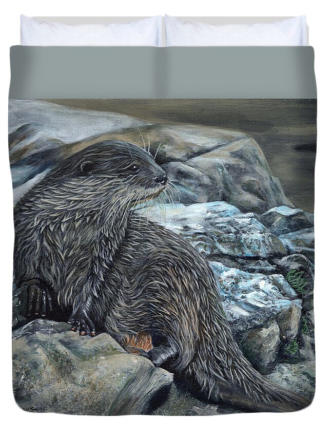 Otter Duvet Cover featuring the painting Otter on Rocks by John Neeve