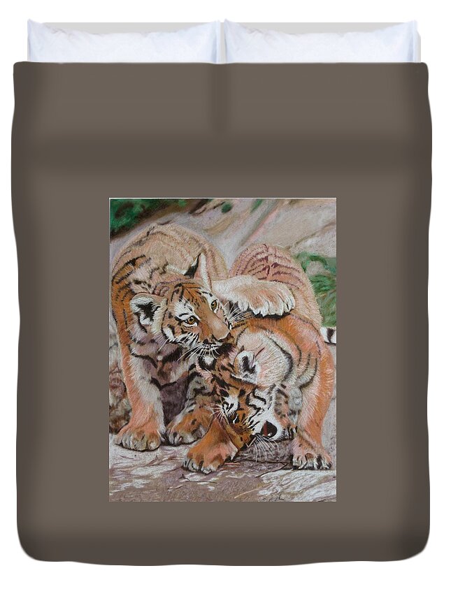 Tiger Duvet Cover featuring the drawing Ouch by Lori Hanks