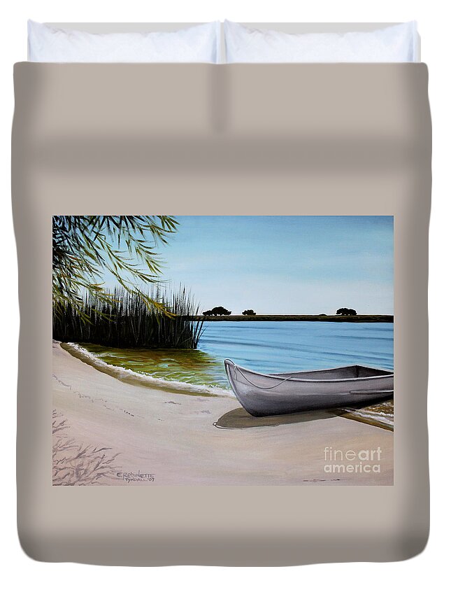 Landscape Duvet Cover featuring the painting Our Beach by Elizabeth Robinette Tyndall