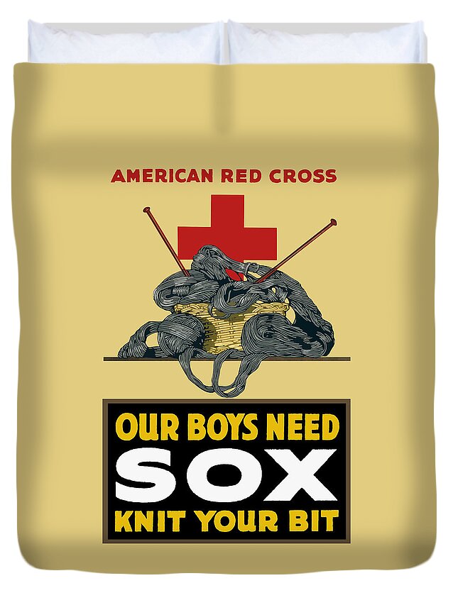 Red Cross Duvet Cover featuring the painting Our Boys Need Sox - Knit Your Bit by War Is Hell Store