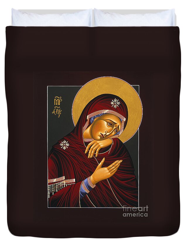 Our Lady Of Sorrows Is Part Of The Triptych Of The Passion With Jesus Christ Extreme Humility And St. John The Apostle Duvet Cover featuring the painting Our Lady of Sorrows 028 by William Hart McNichols