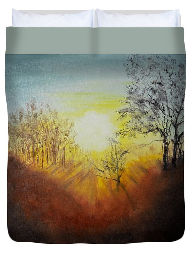 Welland River Duvet Cover featuring the painting Out of the Winter Morning Mists - 1 by Peggy King