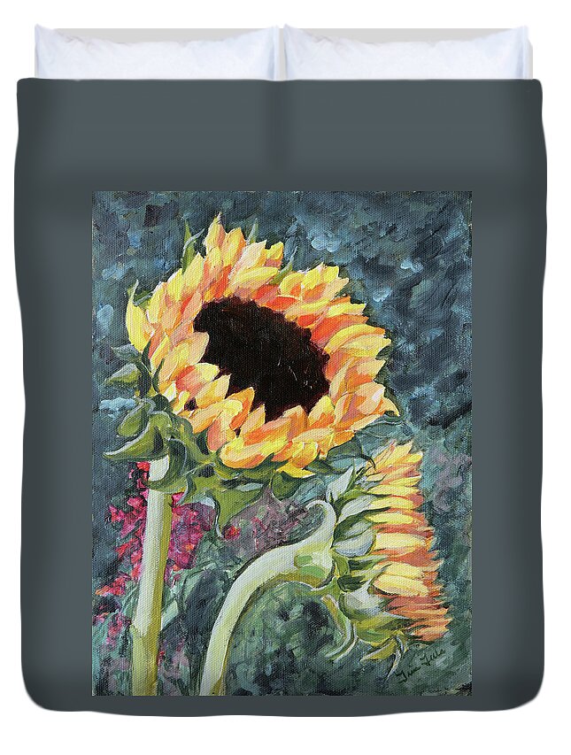 Sunflower Duvet Cover featuring the painting Outdoor Sunflowers by Trina Teele