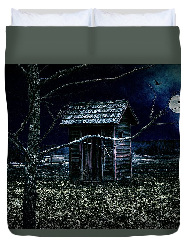 Outhouse Duvet Cover featuring the photograph Outhouse in the Moonlight with flying Crows by Randall Nyhof