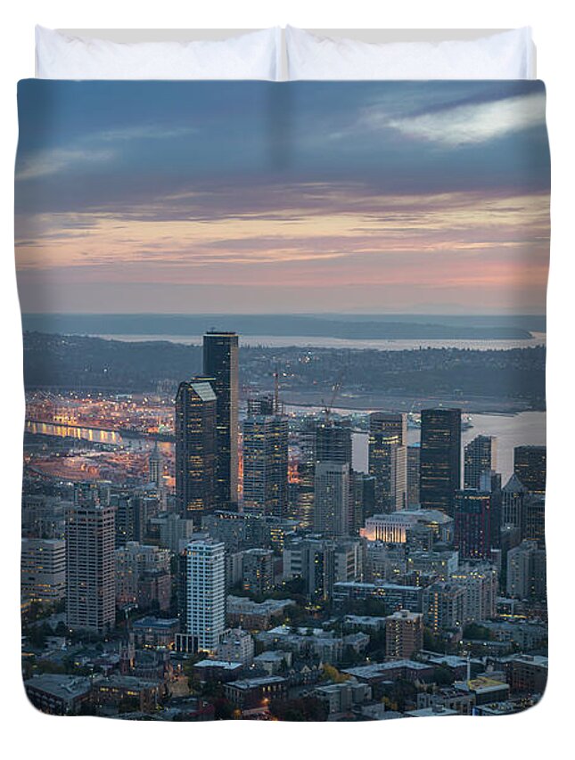 Seattle Duvet Cover featuring the photograph Over Seattle Downtown and the Stadiums by Mike Reid