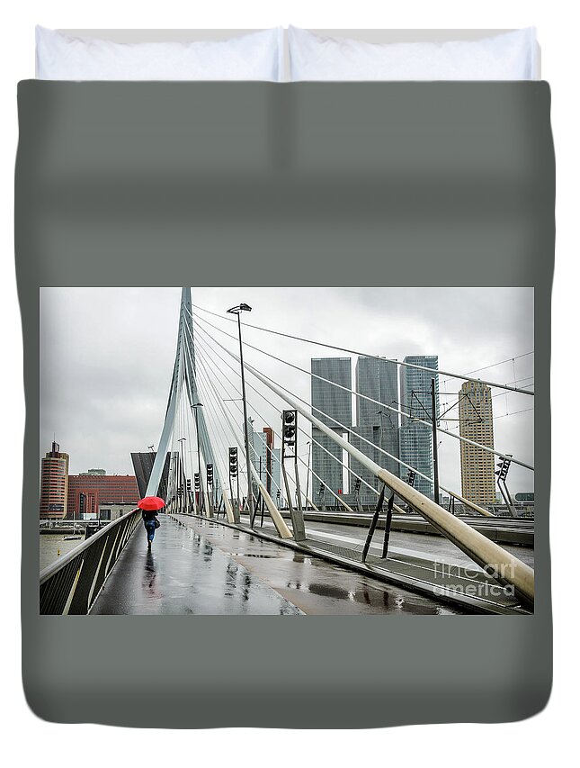 Rotterdam Duvet Cover featuring the photograph Over the Erasmus Bridge in Rotterdam with red umbrella by RicardMN Photography