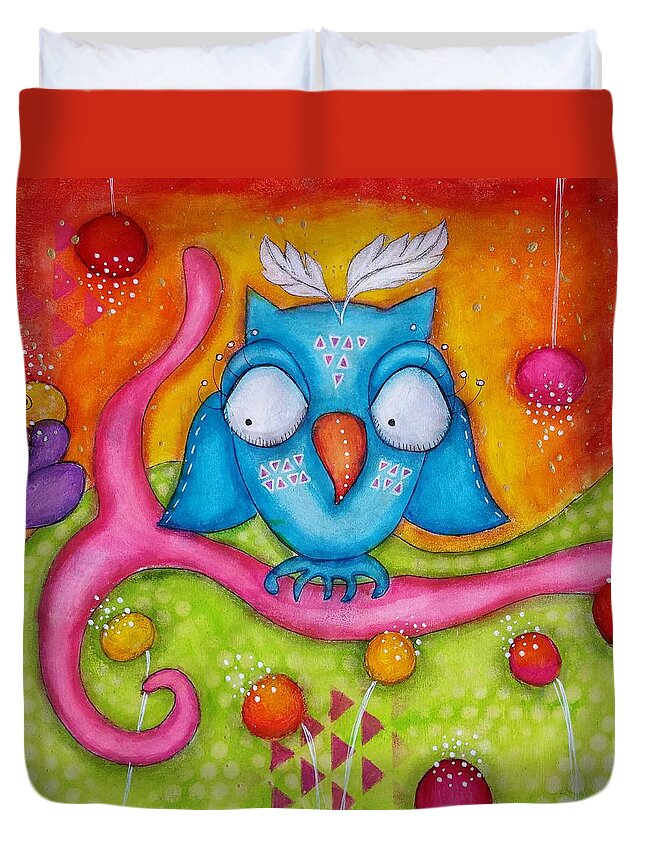 Colorful Duvet Cover featuring the mixed media Owl-ala by Barbara Orenya