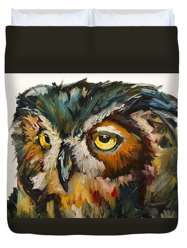 Diane Whitehead Fine Art Duvet Cover featuring the painting Owl Eye by Diane Whitehead