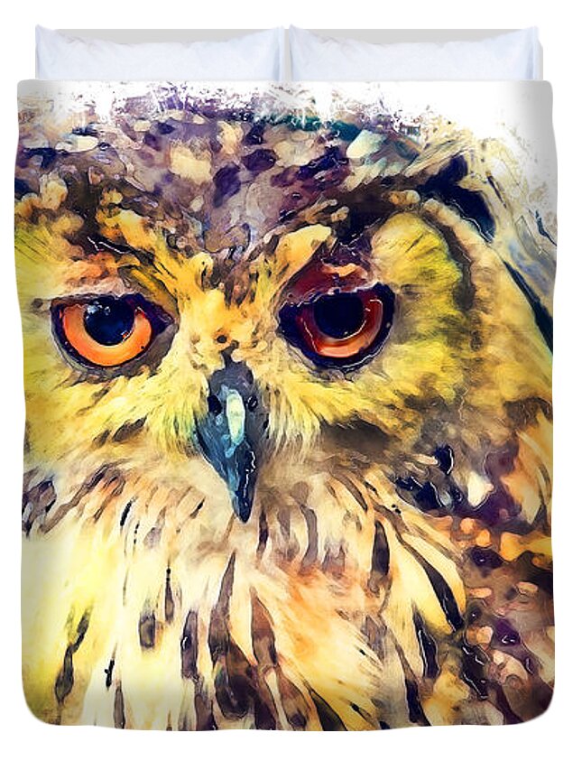 Owl Duvet Cover featuring the painting Owl watercolor painting by Justyna Jaszke JBJart