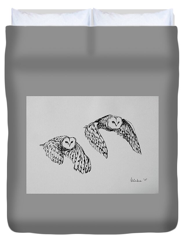 Owls Duvet Cover featuring the drawing Owls in Flight by Victoria Lakes