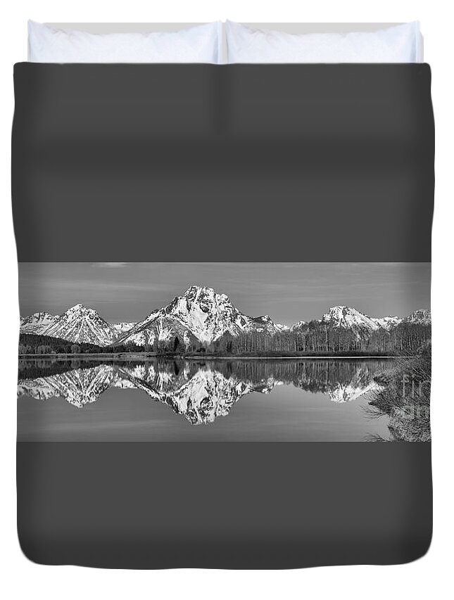 Black And White Duvet Cover featuring the photograph Oxbow Snake River Reflections Black And White by Adam Jewell