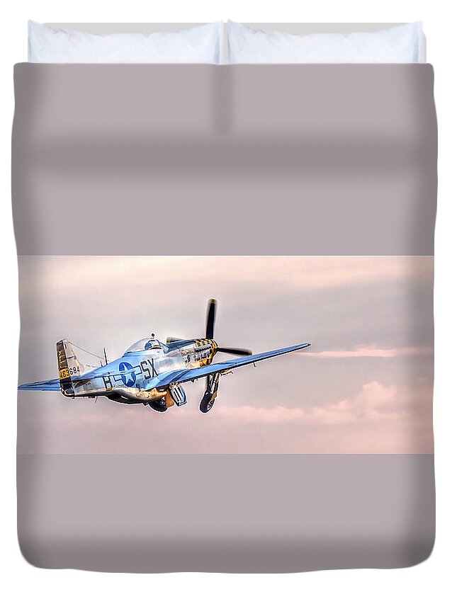 Military Aviation Museum Duvet Cover featuring the photograph P-51 Mustang Taking Off by Don Mercer