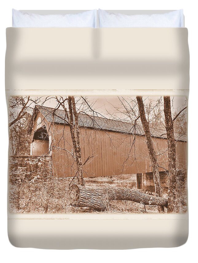 Frankenfield Covered Bridge Duvet Cover featuring the photograph PA Country Roads - Frankenfield Covered Bridge Over Tinicum Creek No. 8S - Autumn Bucks County by Michael Mazaika