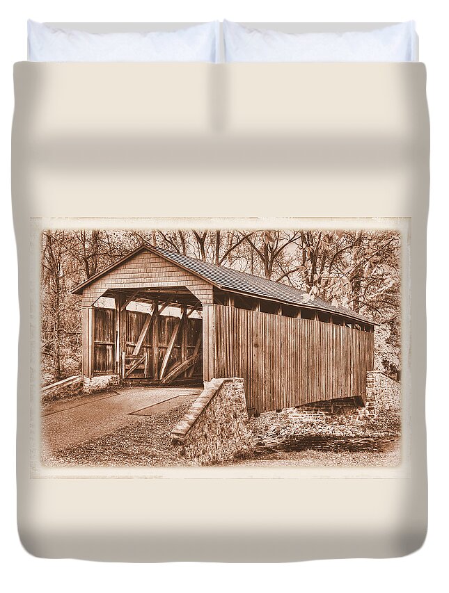 Poole Forge Covered Bridge Duvet Cover featuring the photograph PA Country Roads - Poole Forge Covered Bridge Over Conestoga Creek No. 3BS-Alt - Lancaster County by Michael Mazaika